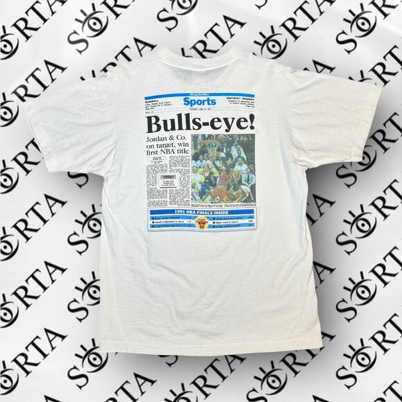 VTG 1991 NBA Chicago Bulls Michael Jordan Newspaper Print Shirt - Picture 2 of 14